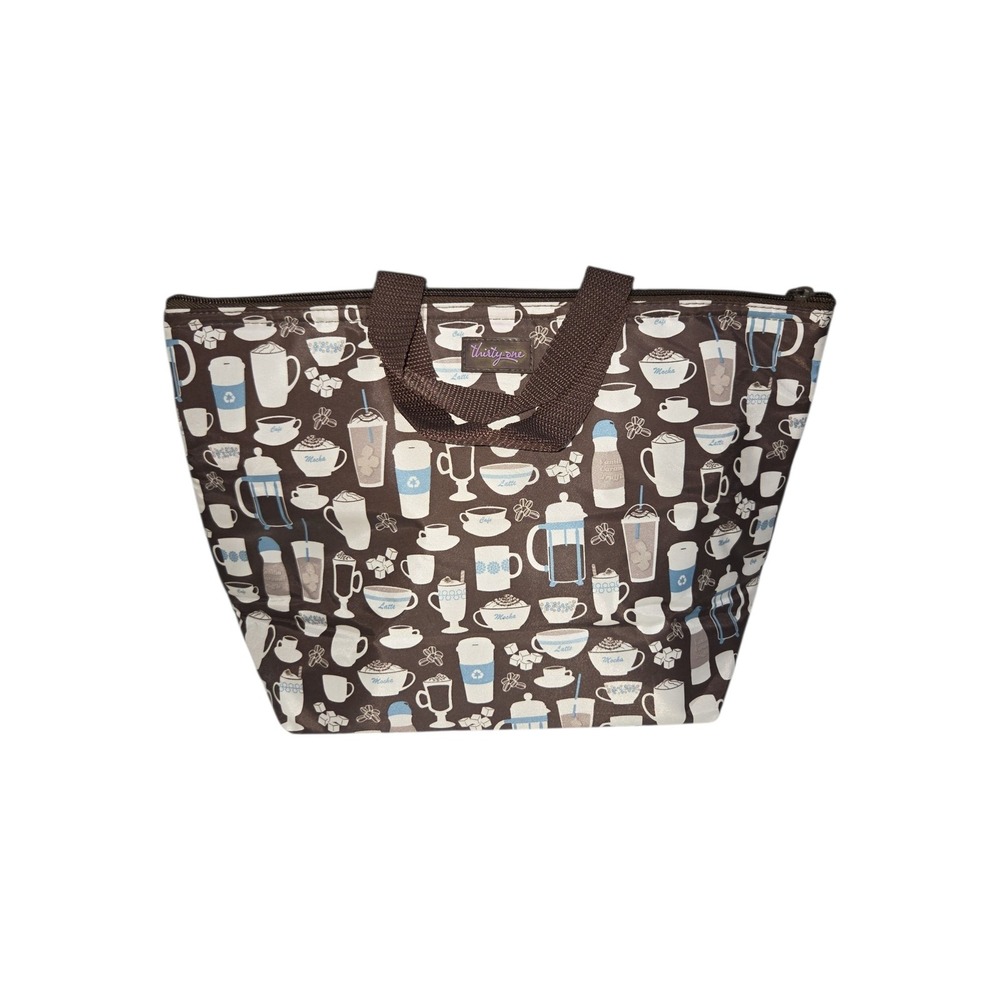 Thirty-One Thermal Lunch Tote Bag Brown Coffee Print Blue Embroidered Vicki